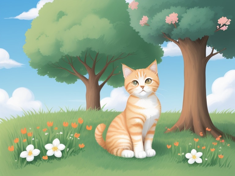 一只可爱的橘色小猫咪咪坐在花园里