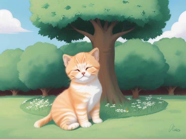 小猫咪咪闭着眼睛,在花园里数数